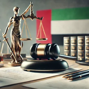 Dall·e 2024 09 02 23.27.55 A Professional Image Featuring A Gavel And Scales Of Justice On A Desk, With A Uae Flag Subtly Displayed In The Background. The Scene Is Set In A Mode