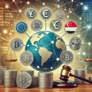 Dall·e 2024 09 09 12.46.38 A Balanced Visual Representation Of Stablecoins In A Global Regulatory Landscape. The Image Features Digital Stablecoins Represented As Coins With Cur