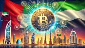 Dall·e 2024 10 14 21.27.57 A Vivid Illustration Celebrating The Approval Of Ae Coin, The First Dirham Backed Stablecoin In The Uae. At The Center Is A Gleaming Digital Coin Labe